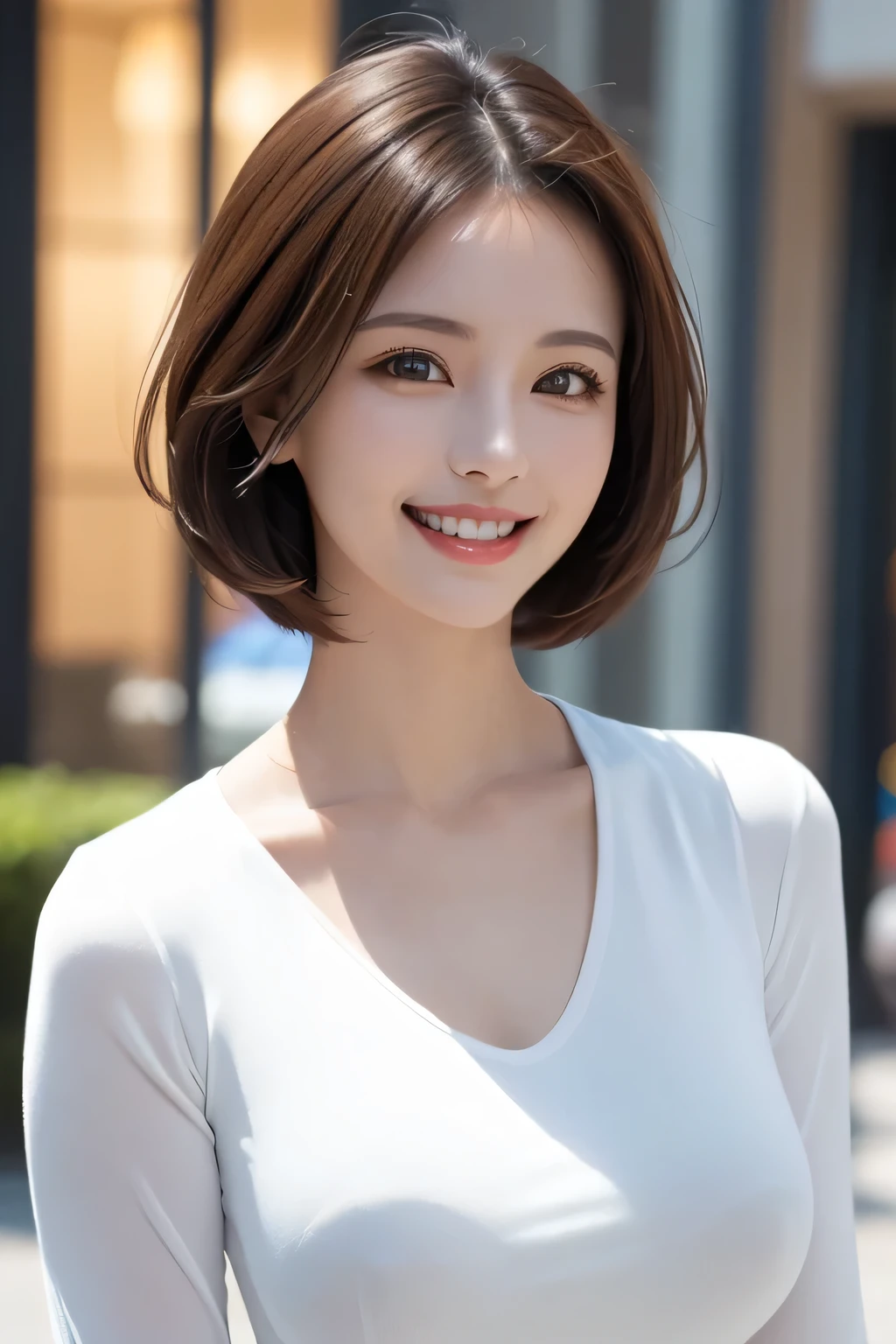 ((masterpiece)), ((Highest quality)), ((Complex)), ((Surreal)), (Realistic), (Mature Woman), ((No classes)), Very detailed, (1 female), Beautiful and exquisite, (Beautiful Teeth), Grin, Brunette bob hair, Brown eyes, ((blouse)), (Upper Body), (background:none), Perfect Eyes, Captivating eyes, Looking at the audience