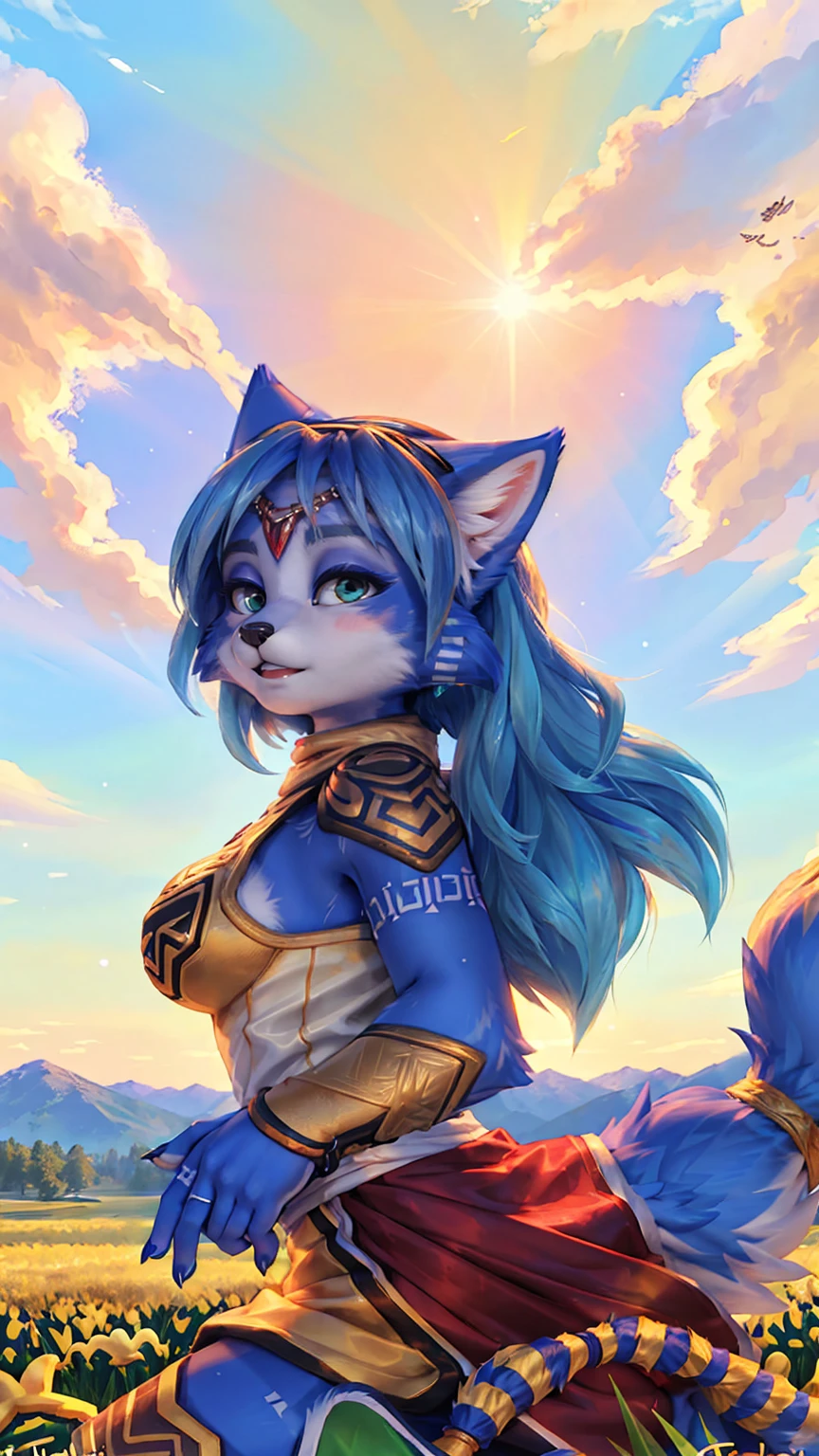 A beautiful and detailed (sweet picture) of ((Krystal)), Star Fox Krystal,  green eyes, medium breasts, (((Long blue hair 1.3))),  anthro, furry, (of Fluff-Kevlar, Bayard Wu, Personalami, Pino Daeni),  detailed fluffy fur, detailed face, (fluffy), 1 girl, alone, Haare bedecken ein Auge:1.4, (((geht über ein Feld mit hohem Gras :1.3))), (((schaut in den himmel:1.4))),