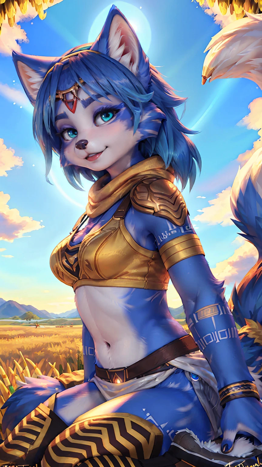 A beautiful and detailed (sweet picture) of ((Krystal)), Star Fox Krystal,  green eyes, medium breasts, (((Long blue hair 1.3))),  anthro, furry, (of Fluff-Kevlar, Bayard Wu, Personalami, Pino Daeni),  detailed fluffy fur, detailed face, (fluffy), 1 girl, alone, Haare bedecken ein Auge:1.4, (((geht über ein Feld mit hohem Gras :1.3))), (((schaut in den himmel:1.4))),