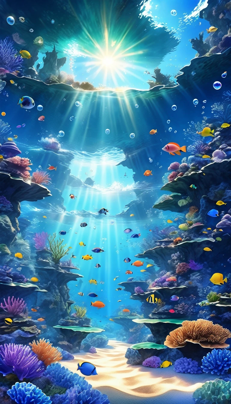 (panorama, center, masterpiece, highest quality: 1.2), (8K、Raw photo、highest quality、look up:1.2、masterpiece:1.2、Genuineistic、Ultra-high resolution、High Contrast、Photon Mapping、Genuine、Very detailed、Official Art, Raw photo、professional Lighting、 Light、Vivid atmosphere、twiceLight) , , In the sea。In the sea,々Bubbles are bubbling。Different types、Colorful tropical fish swimming。You can see the corals and underwater plants。Primary color shades。Rainbow-colored。Green algae or seaweed。Even though it's underwater、As if you were on the ground。Captivating natural beauty,Shining Star Fragment, An atmosphere that exudes the excitement of adventure。An atmosphere that makes you feel happy and joyful。High Fantasy Worldview, Beautiful depiction of grand composition and proportions, Rainbow-colored light and silvery vapor guardian nebula, Corrosive Encirclement Ray Family Color, Slimy air,