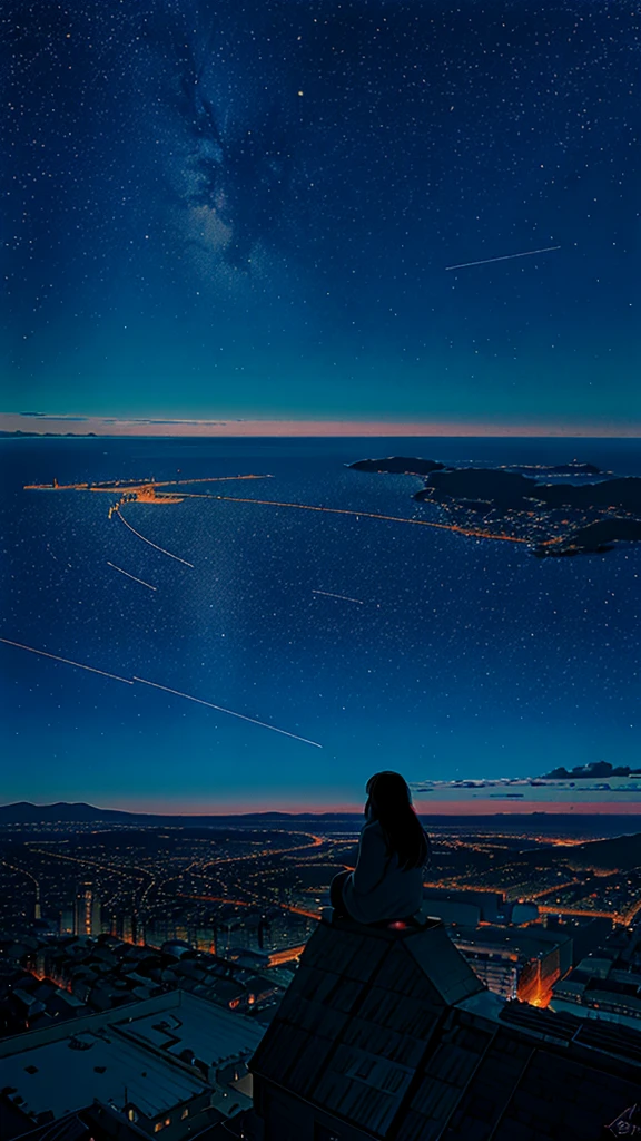 octane, sky, star (sky), landscape, starry sky, night, only , night sky, solo, outdoor, signature, building, clouds, milky way, sitting, tree, long hair, city, silhouette, cityscape