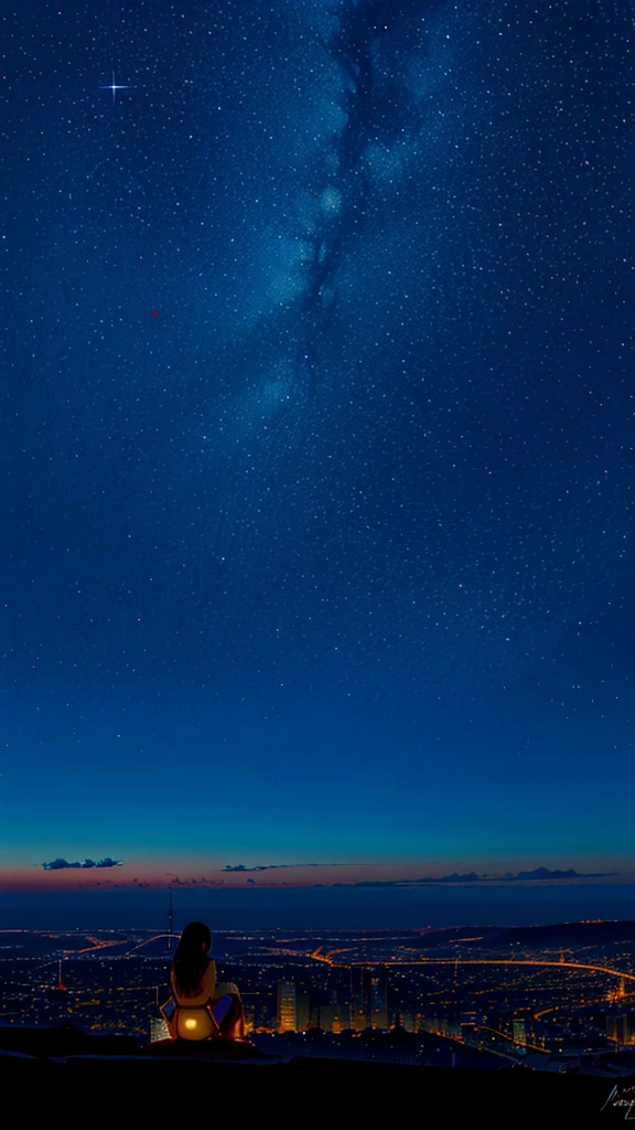 octane, sky, star (sky), landscape, starry sky, night, only , night sky, solo, outdoor, signature, building, clouds, milky way, sitting, tree, long hair, city, silhouette, cityscape