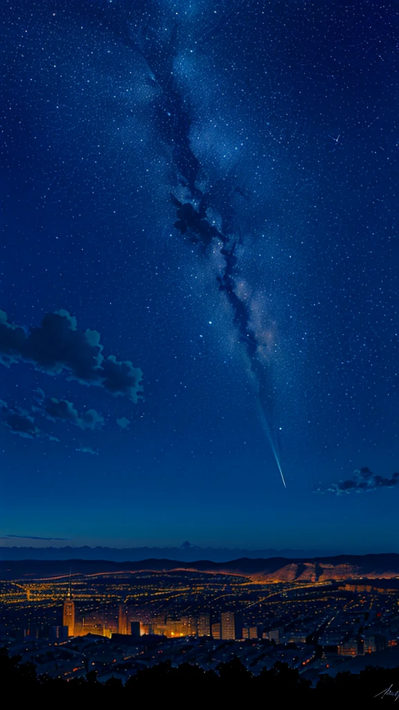 octane, sky, star (sky), landscape, starry sky, night, only , night sky, solo, outdoor, signature, building, clouds, milky way, sitting, tree, long hair, city, silhouette, cityscape