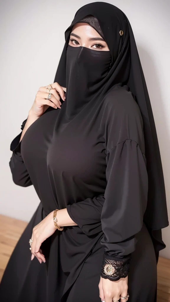 8K, high quality, nice lighting, soft lighting, realistic, dark eyes, sexy, big breasts, thighs, wide hips, arabic dress, black dress, Jewelry, sexy lady, asian, hijab, niqab, sexy pose, showing big thighs, nice body, natural largest breast, wearing rings for woman, office girl, sexy posing,