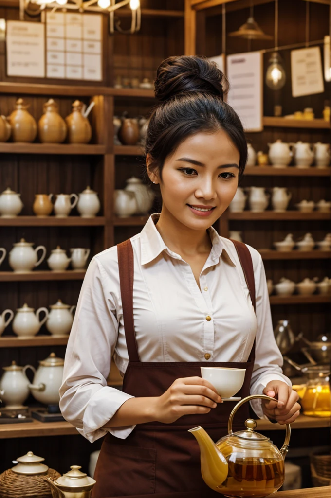 Create an image of a lady selling tea