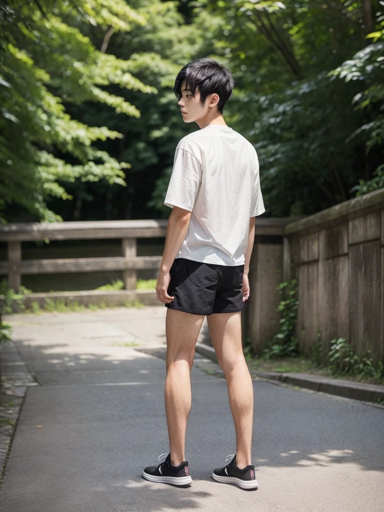 (super sharp focus), (Hairy legs), (((full body))), Japanese man, twenty years old, very short hair, Black Hair, Wearing shorts, from side