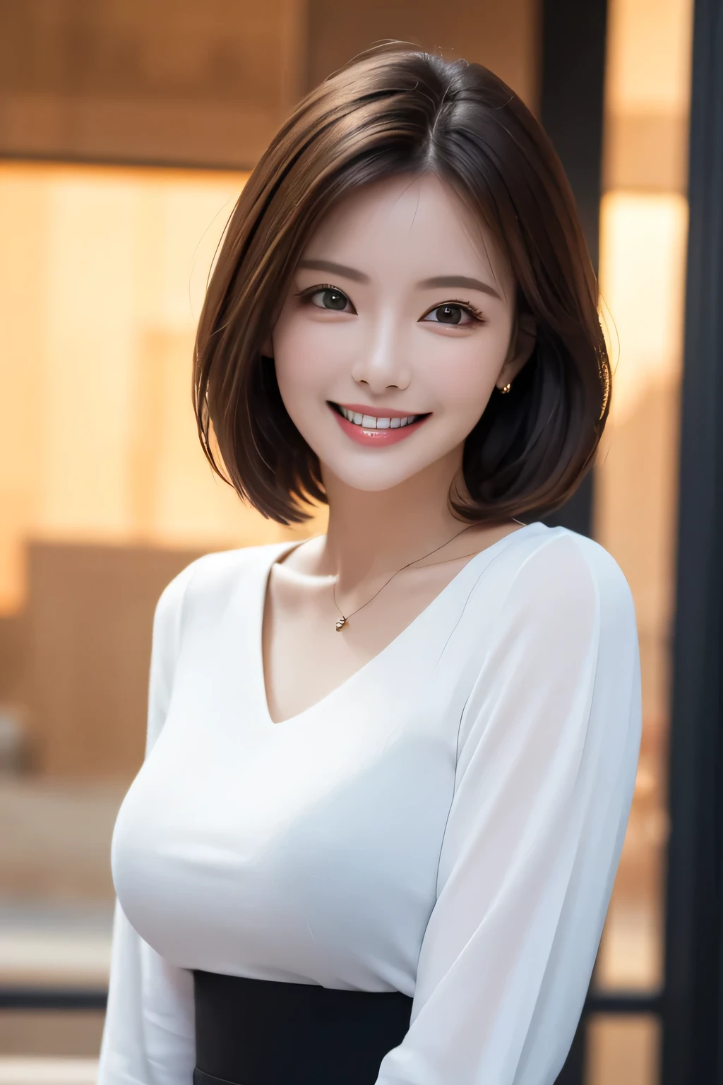 ((masterpiece)), ((Highest quality)), ((Complex)), ((Surreal)), (Realistic), ( Woman), ((No classes)), Very detailed, (1 female), Beautiful and exquisite, (Beautiful Teeth), Grin, Brunette bob hair, Brown eyes, ((blouse)), (Upper Body), (background:none), Perfect Eyes, Captivating eyes, Looking at the audience