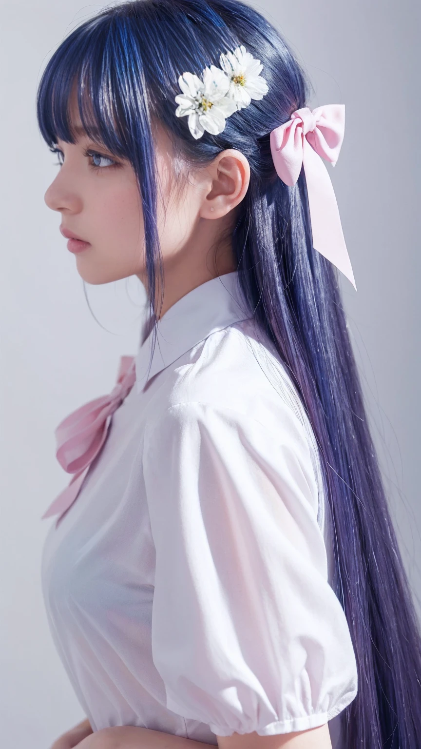 Highest quality, masterpiece, Very detailed, Detailed Background, One girl, alone, Long Hair, flower, Blue Hair, White Background, pink flower, Simple Background, profile, Upper Body, shirt, white shirt, white flower, bow, bangs, Purple eyes, leaf, blush