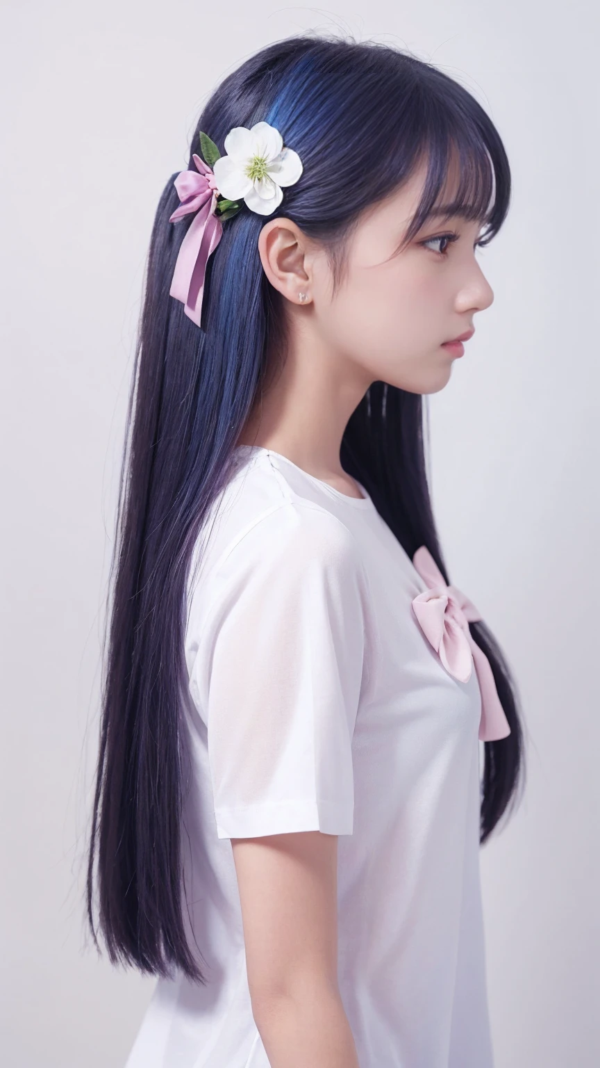 Highest quality, masterpiece, Very detailed, Detailed Background, One girl, alone, Long Hair, flower, Blue Hair, White Background, pink flower, Simple Background, profile, Upper Body, shirt, white shirt, white flower, bow, bangs, Purple eyes, leaf, blush