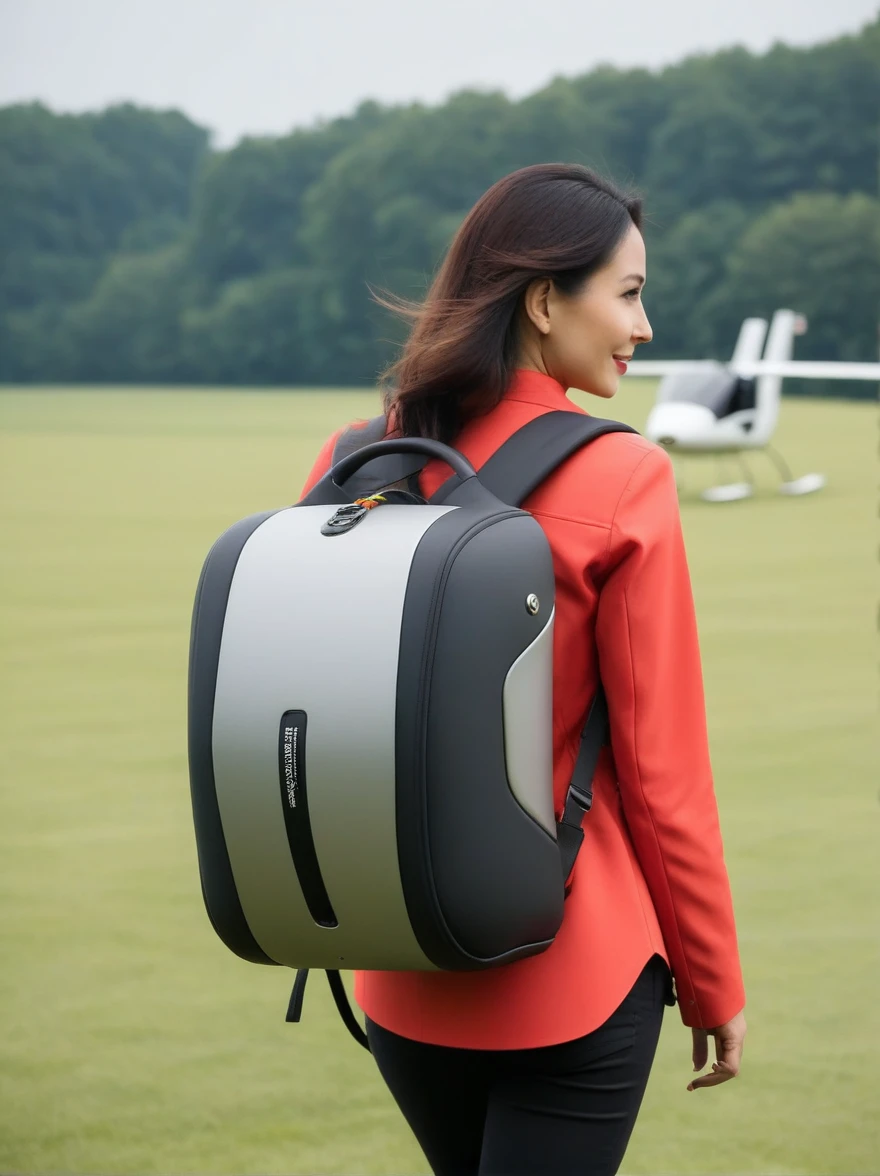 personal backpack-type aircraft, mini gyrocopter backpack behind a woman&#39;s shoulders,  from the backpack there is an axis with a propeller above the woman’s head and control levers in her hands, complex unit for flight,