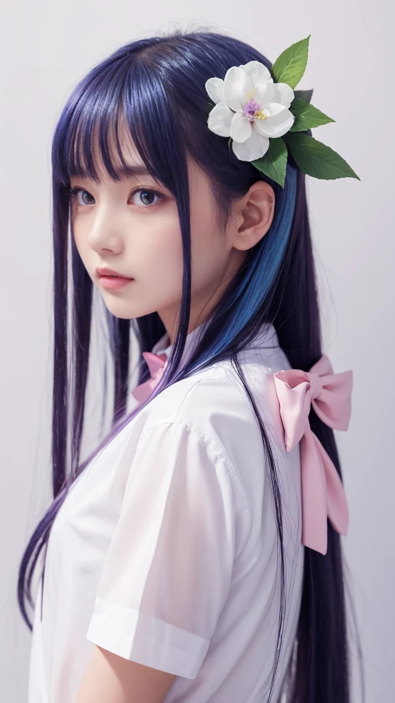 Highest quality, masterpiece, Very detailed, Detailed Background, One girl, alone, Long Hair, flower, Blue Hair, White Background, pink flower, Simple Background, profile, Upper Body, shirt, white shirt, white flower, bow, bangs, Purple eyes, leaf, blush