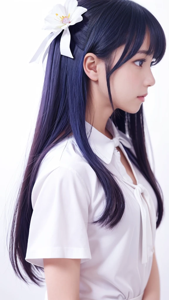 Highest quality, masterpiece, Very detailed, Detailed Background, One girl, alone, Long Hair, flower, Blue Hair, White Background, pink flower, Simple Background, profile, Upper Body, shirt, white shirt, white flower, bow, bangs, Purple eyes, leaf, blush