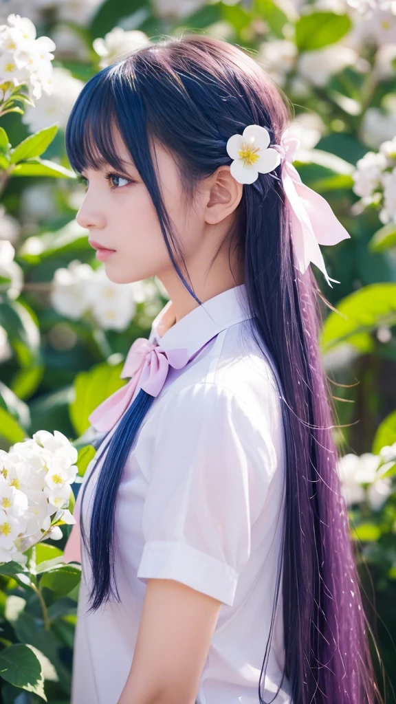 Highest quality, masterpiece, Very detailed, Detailed Background, One girl, alone, Long Hair, flower, Blue Hair, White Background, pink flower, Simple Background, profile, Upper Body, shirt, white shirt, white flower, bow, bangs, Purple eyes, leaf, blush