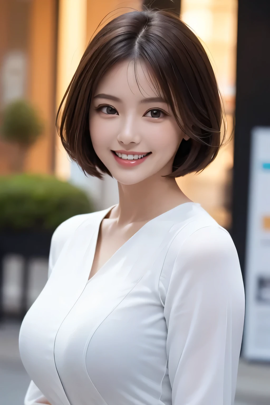 ((masterpiece)), ((Highest quality)), ((Complex)), ((Surreal)), (Realistic), (Mature Woman), ((No classes)), Very detailed, (1 female), Beautiful and exquisite, (Beautiful Teeth), Grin, Brunette bob hair, Brown eyes, ((blouse)), (Upper Body), (background:none), Perfect Eyes, Captivating eyes, Looking at the audience