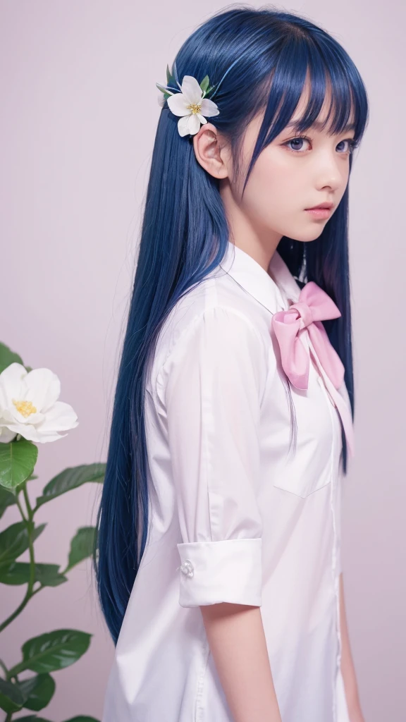 Highest quality, masterpiece, Very detailed, Detailed Background, One girl, alone, Long Hair, flower, Blue Hair, White Background, pink flower, Simple Background, profile, Upper Body, shirt, white shirt, white flower, bow, bangs, Purple eyes, leaf, blush