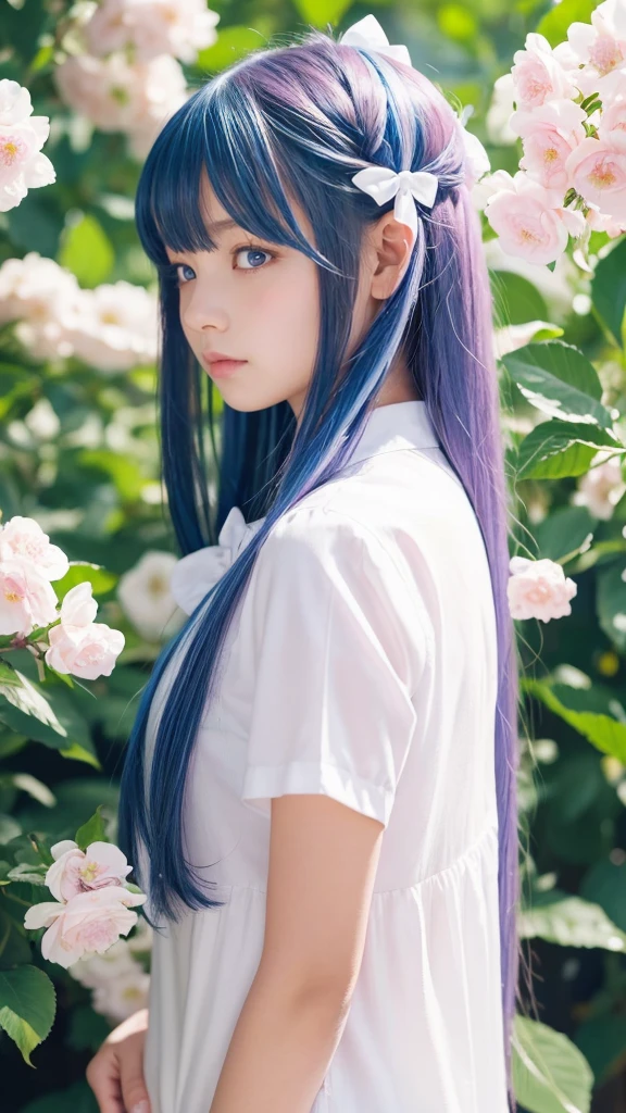 Highest quality, masterpiece, Very detailed, Detailed Background, One girl, alone, Long Hair, flower, Blue Hair, White Background, pink flower, Simple Background, profile, Upper Body, shirt, white shirt, white flower, bow, bangs, Purple eyes, leaf, blush