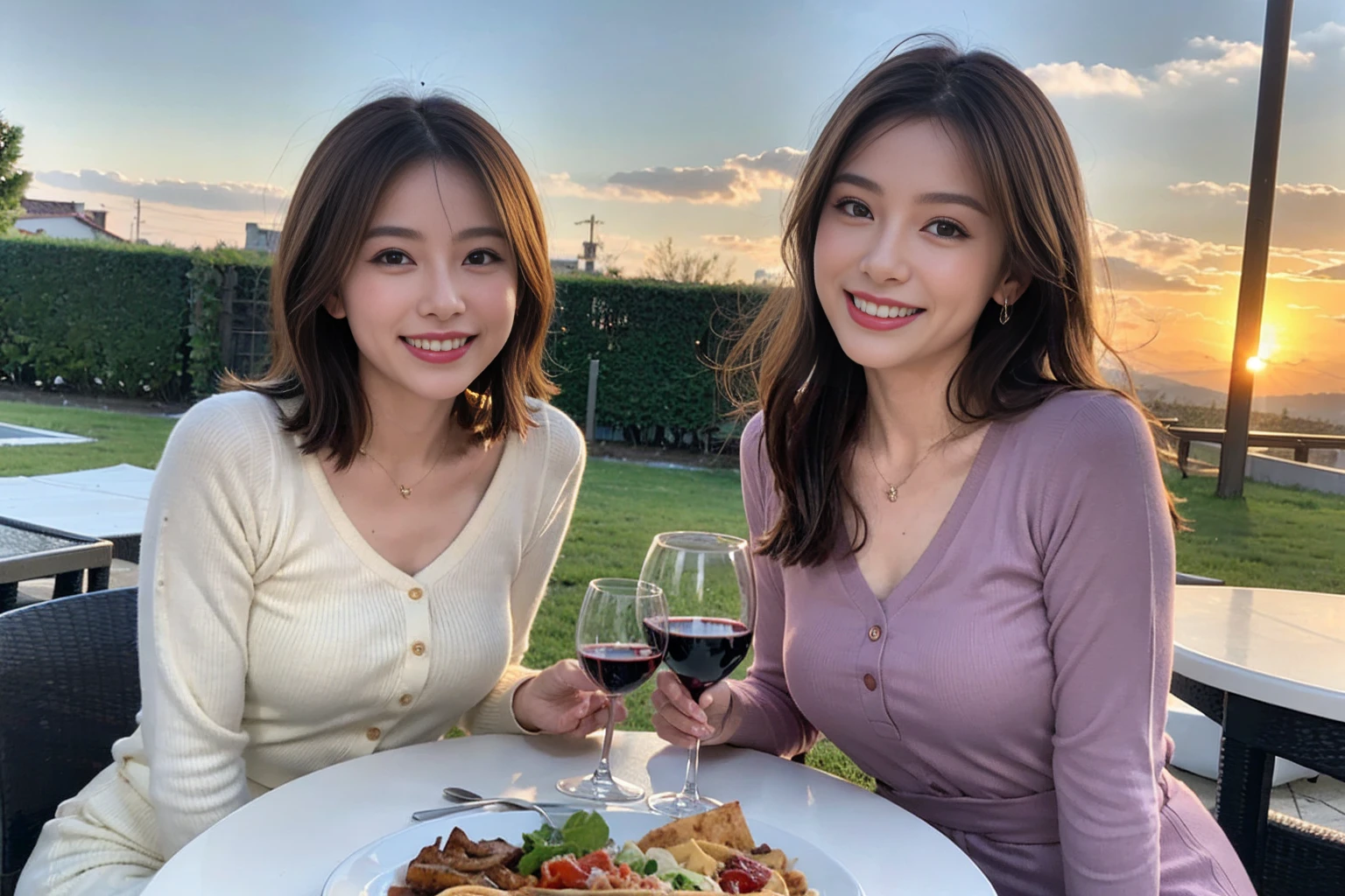 (Realistic:1.1),(masterpiece,Highest quality),8k,(44 years old), 42 years old, slimカップル、Model Couple、actress/actor、Tight waist,Upper Body,full-course dinner、wine 、Amazing view of the sunset sky and clouds、Perfect Anatomy, Brown Hair, short hair,Random Hairstyles,((Highly detailed face and eyes:1.2))(cute顔:1.4),美しいactressの顔,Perfect golden ratio face,Long sleeve shirt、dress,(smile:1.2)、Shortcuts、cute、(Realistic, Intricate details:1.2), A bright smile、short hair,Bright Face、赤wine 、Appetizers、Italian food、wine bottle、Champagne、スパークリングwine、(slimな顔), (The body is slim), (Brown Hair), (Shortcuts), Upper Body, 白wine, slim, wineグラス,