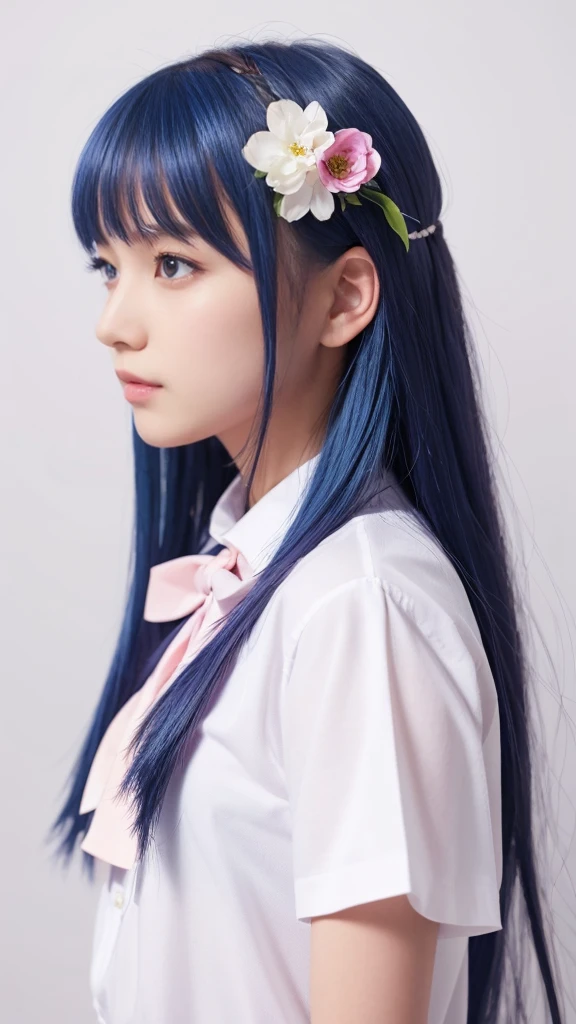 Highest quality, masterpiece, Very detailed, Detailed Background, One girl, alone, Long Hair, flower, Blue Hair, White Background, pink flower, Simple Background, profile, Upper Body, shirt, white shirt, white flower, bow, bangs, Purple eyes, leaf, blush