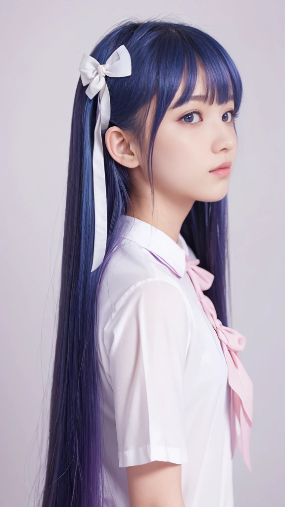 Highest quality, masterpiece, Very detailed, Detailed Background, One girl, alone, Long Hair, flower, Blue Hair, White Background, pink flower, Simple Background, profile, Upper Body, shirt, white shirt, white flower, bow, bangs, Purple eyes, leaf, blush