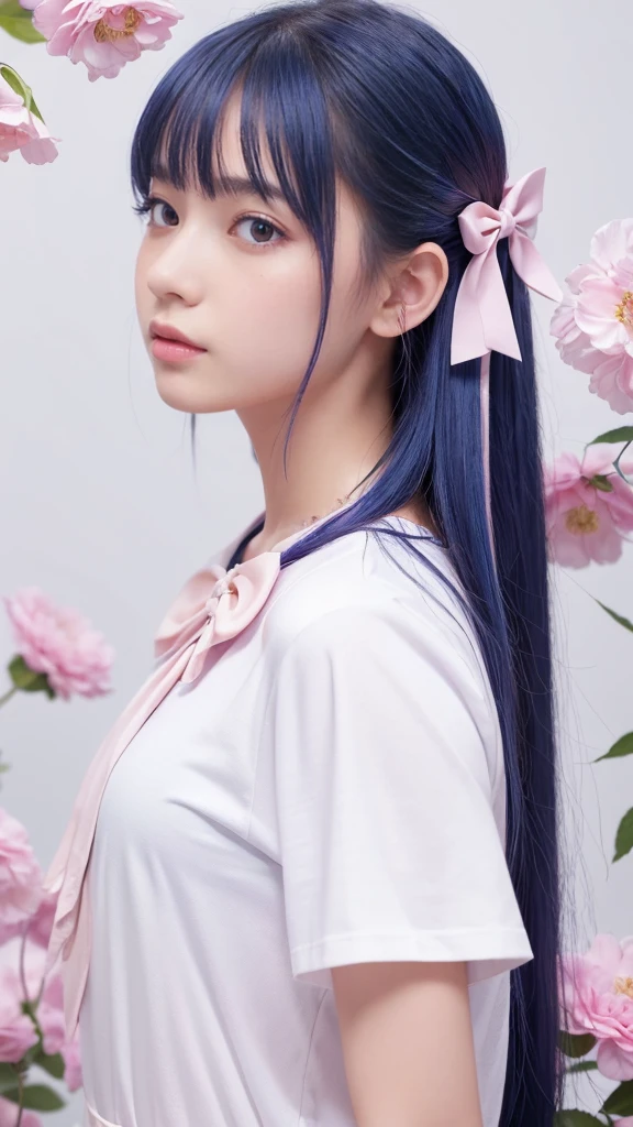 Highest quality, masterpiece, Very detailed, Detailed Background, One girl, alone, Long Hair, flower, Blue Hair, White Background, pink flower, Simple Background, profile, Upper Body, shirt, white shirt, white flower, bow, bangs, Purple eyes, leaf, blush