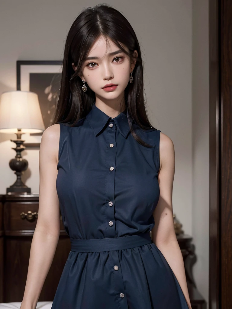 (absurdres, RAW photo, extremely delicate and beautiful, masterpiece, Best Quality, ultra high resolution, 32k, hyperrealistic, ultra-detailed, perfect anatomy, anatomically correct:1.2), perfect figure, Perfect Style, Perfect balance, super Detailed skin, in her 30s, very Slim body, narrow waist, very small head, very small face, delicate facial features, handsome detailed woman, very detailed eyes and face, realistic face proportions, Realistic beautiful face, Realistic beautiful eyes, tearful mole, earring, huge round tits, full body shot, whole legs, medium hair, dark blonde hair, asymmetrical hair, indoor, collared navy button shirt dress, sleeveless,