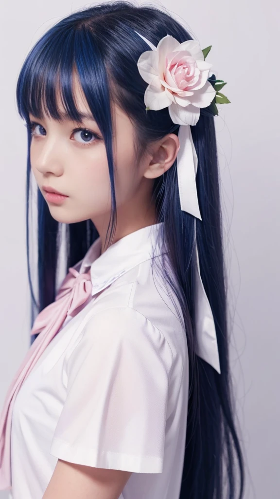 Highest quality, masterpiece, Very detailed, Detailed Background, One girl, alone, Long Hair, flower, Blue Hair, White Background, pink flower, Simple Background, profile, Upper Body, shirt, white shirt, white flower, bow, bangs, Purple eyes, leaf, blush