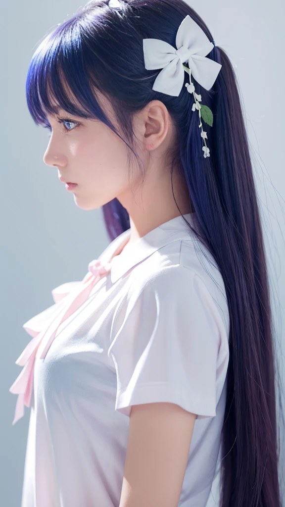 Highest quality, masterpiece, Very detailed, Detailed Background, One girl, alone, Long Hair, flower, Blue Hair, White Background, pink flower, Simple Background, profile, Upper Body, shirt, white shirt, white flower, bow, bangs, Purple eyes, leaf, blush