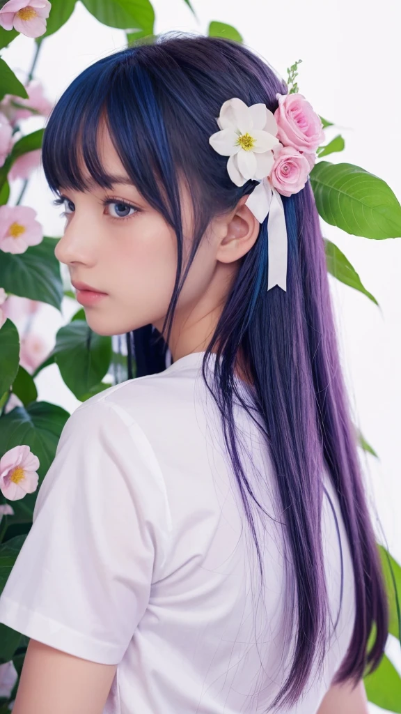 Highest quality, masterpiece, Very detailed, Detailed Background, One girl, alone, Long Hair, flower, Blue Hair, White Background, pink flower, Simple Background, profile, Upper Body, shirt, white shirt, white flower, bow, bangs, Purple eyes, leaf, blush