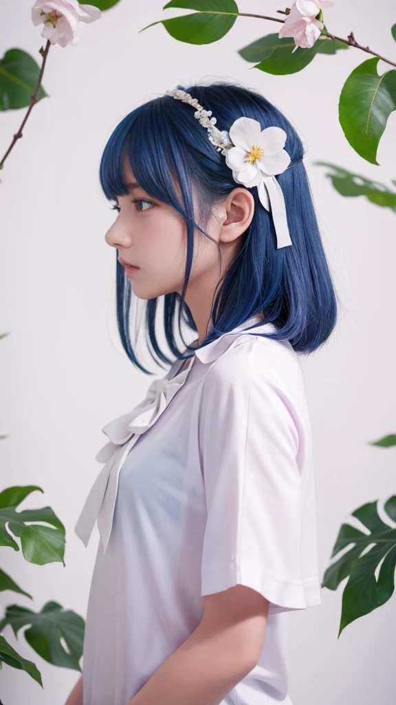 Highest quality, masterpiece, Very detailed, Detailed Background, One girl, alone, Long Hair, flower, Blue Hair, White Background, pink flower, Simple Background, profile, Upper Body, shirt, white shirt, white flower, bow, bangs, Purple eyes, leaf, blush