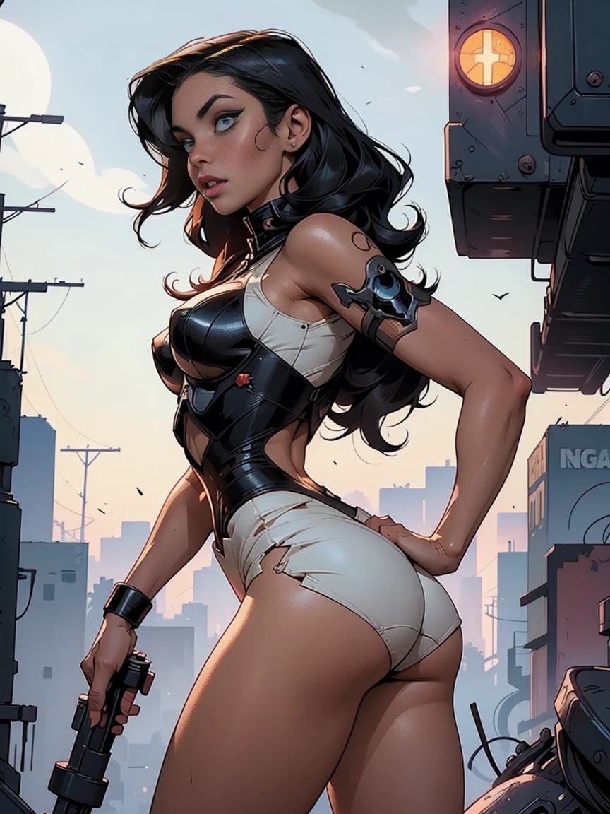 Alison Tyler as a realistic, complex cyborg face of perfect beauty, whole body, curved, on the comic panel, whole body, bold lineart illustration comics, alluring blue eyes, parted lips, perfectbody, curved, long black hair, NSFW:1.8, in the style of Adam Hughes, face detailed, parted lips, big fit ass ass, big fit ass , neckleace, (((from face to waist))), (((form of beautiful beauty))), wearing very small and sexy white lingerie with red lace, Blade runner, big fit ass city night background ((long sniper rifle artwork)), 4K, ultra HD, corset 