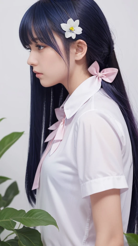 Highest quality, masterpiece, Very detailed, Detailed Background, One girl, alone, Long Hair, flower, Blue Hair, White Background, pink flower, Simple Background, profile, Upper Body, shirt, white shirt, white flower, bow, bangs, Purple eyes, leaf, blush