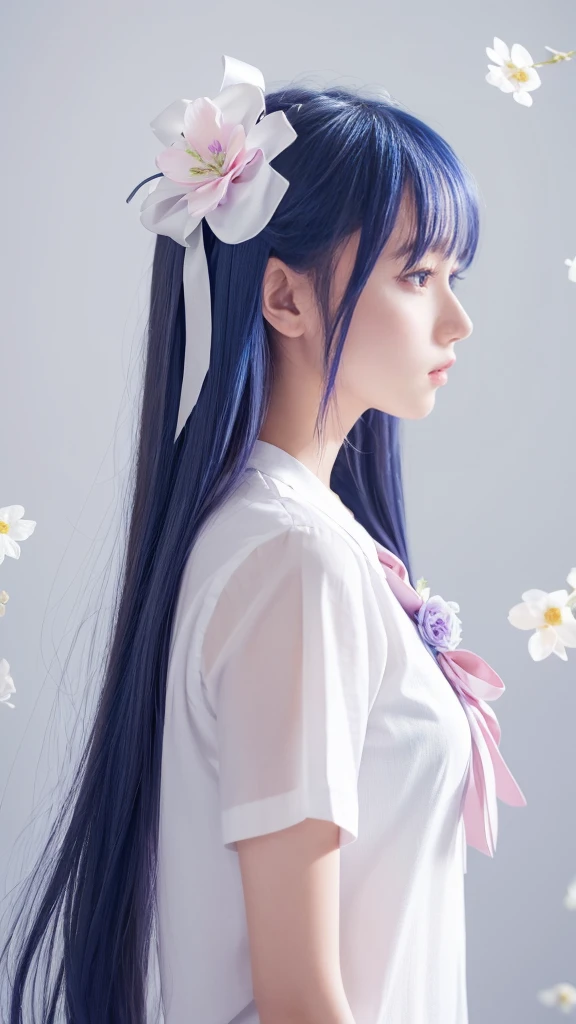 Highest quality, masterpiece, Very detailed, Detailed Background, One girl, alone, Long Hair, flower, Blue Hair, White Background, pink flower, Simple Background, profile, Upper Body, shirt, white shirt, white flower, bow, bangs, Purple eyes, leaf, blush