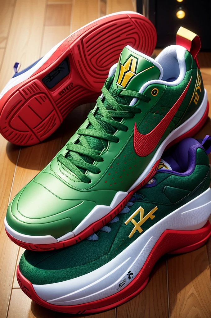 "Create a pair of Kobe Bryant signature basketball shoes designed specifically for Christmas. The shoes should feature a festive green color as the primary base, accented with holiday-themed elements such as gold detailing and red highlights. The design should incorporate Kobe Bryant's iconic logo and number, with a focus on combining holiday spirit with a sleek, modern athletic aesthetic. Consider incorporating subtle snowflake patterns or Christmas lights for an extra festive touch. The shoes should be both stylish and functional, suitable for both on-court performance and off-court wear during the holiday season."