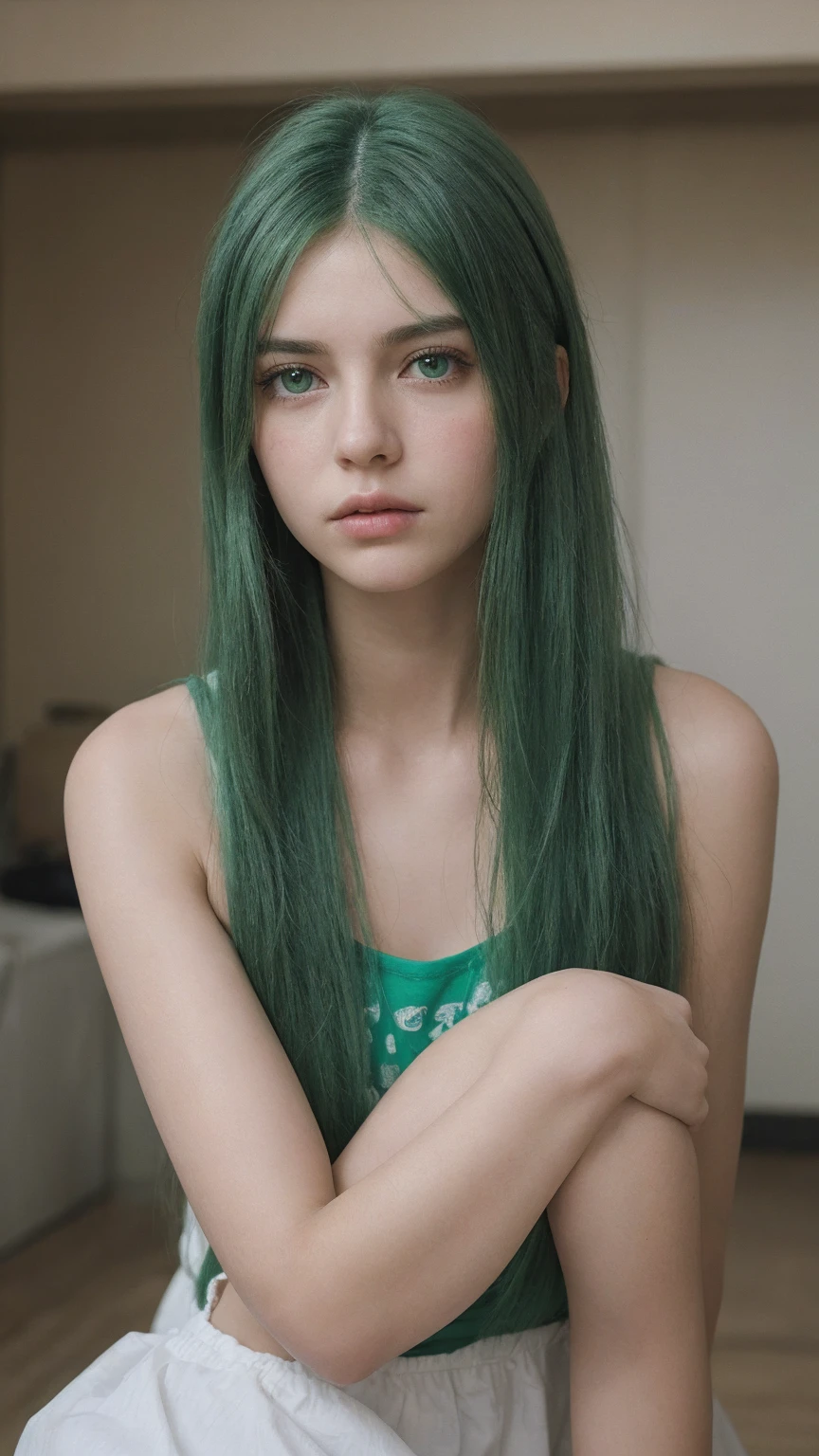 a girl. Europe. delicate facial features. charming. Oval face. expression of sadness and disappointment. green hair. green eyes. long straight hairstyle. messy hair. look directly