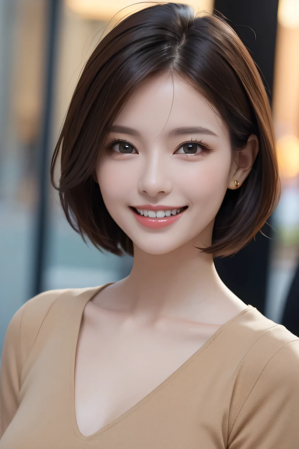 ((masterpiece)), ((Highest quality)), ((Complex)), ((Surreal)), (Realistic), (Mature Woman), ((No classes)), Very detailed, (1 female), Beautiful and exquisite, (Beautiful Teeth), Grin, Brunette bob hair, Brown eyes, ((blouse)), (Upper Body), (background:none), Perfect Eyes, Captivating eyes, Looking at the audience