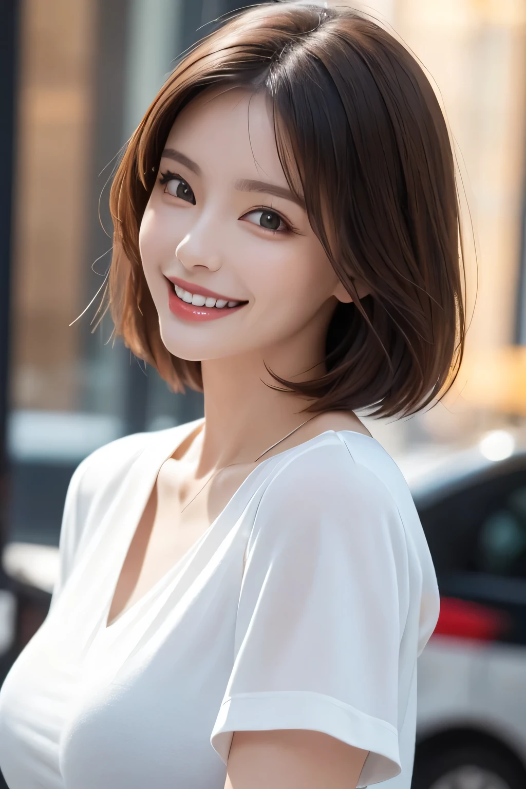 ((masterpiece)), ((Highest quality)), ((Complex)), ((Surreal)), (Realistic), (Mature Woman), ((No classes)), Very detailed, (1 female), Beautiful and exquisite, (Beautiful Teeth), Grin, Brunette bob hair, Brown eyes, ((blouse)), (Upper Body), (background:none), Perfect Eyes, Captivating eyes, Looking at the audience