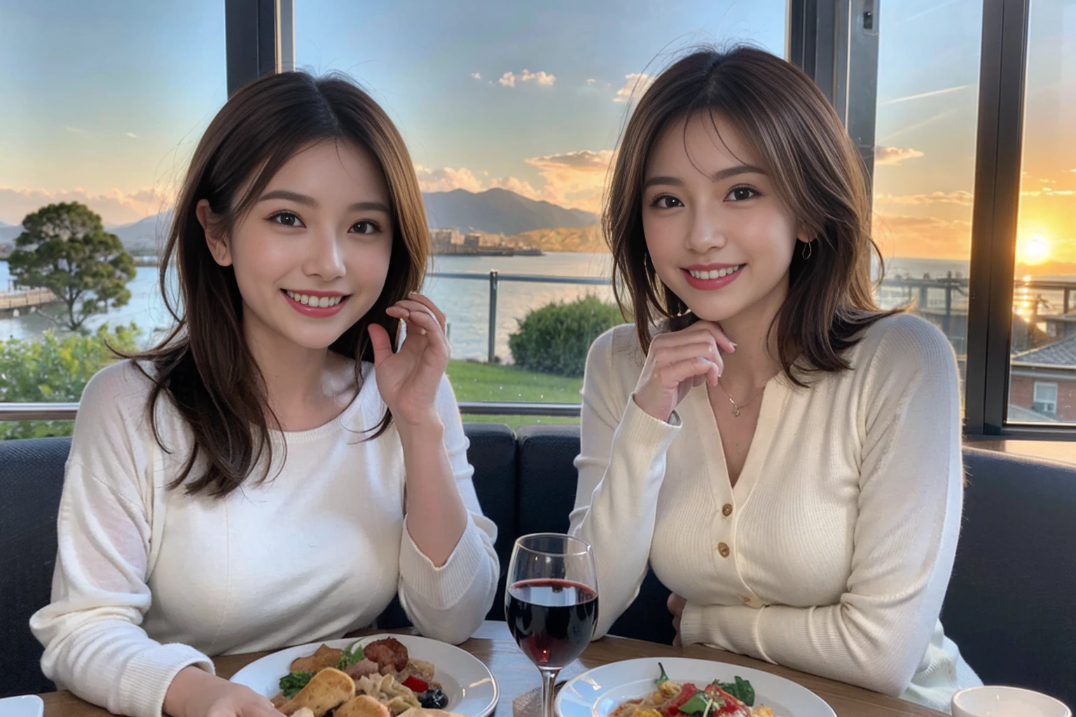 （Realistic:1.1）,(masterpiece,Highest quality)，8k,(44 years old), 42 years old, slimカップル、Model Couple、actress/actor、Tight waist,Upper Body,full-course dinner、wine 、Amazing view of the sunset sky and clouds、Perfect Anatomy, Brown Hair, short hair,Random Hairstyles,((Highly detailed face and eyes:1.2))(cute顔:1.4)，美しいactressの顔，Perfect golden ratio face，Long sleeve shirt、dress,(smile:1.2)、Shortcuts、cute、(Realistic, Intricate details:1.2), A bright smile、short hair,Bright Face、赤wine 、Appetizers、Italian food、wine bottle、Champagne、スパークリングwine、(slimな顔), (The body is slim), (Brown Hair), (Shortcuts),  Upper Body, 白wine, slim, wineグラス, 