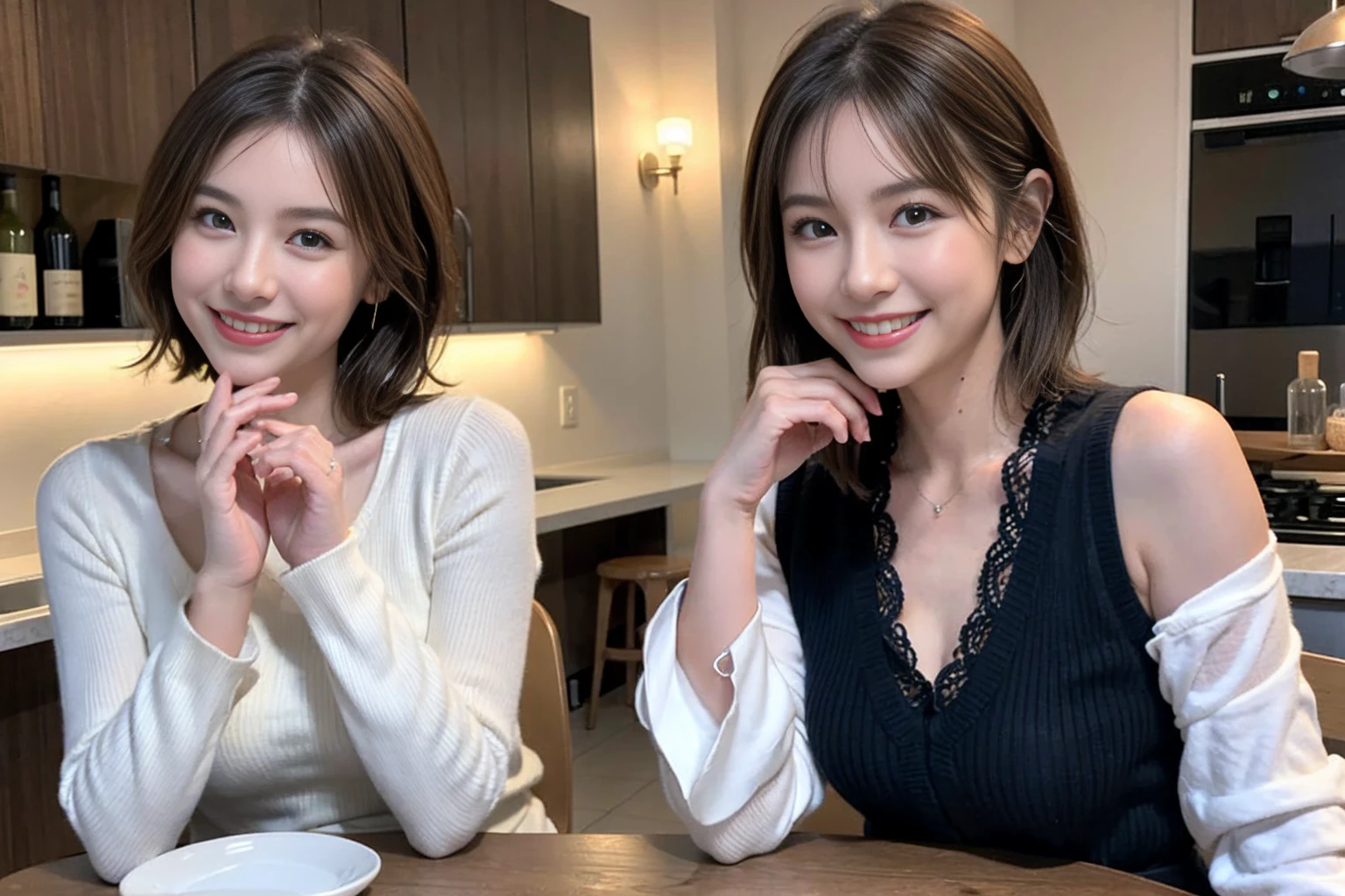 (Realistic:1.1),(masterpiece,Highest quality),8k,(44 years old), 42 years old, slimカップル、Model Couple、actress/actor、Tight waist,Upper Body,full-course dinner、wine 、Amazing view of the sunset sky and clouds、Perfect Anatomy, Brown Hair, short hair,Random Hairstyles,((Highly detailed face and eyes:1.2))(cute顔:1.4),美しいactressの顔,Perfect golden ratio face,Long sleeve shirt、dress,(smile:1.2)、Shortcuts、cute、(Realistic, Intricate details:1.2), A bright smile、short hair,Bright Face、赤wine 、Appetizers、Italian food、wine bottle、Champagne、スパークリングwine、(slimな顔), (The body is slim), (Brown Hair), (Shortcuts), Upper Body, 白wine, slim, wineグラス,