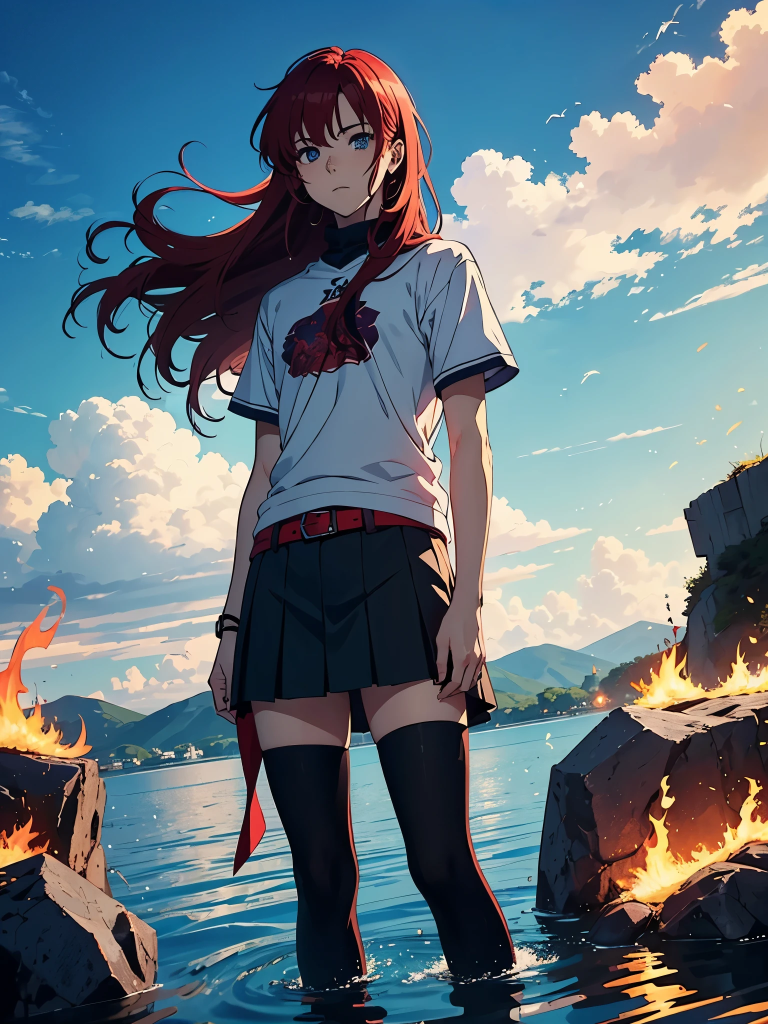 Boy. Short Skirt. More anime style. blue flames. 2d. flatter. anime style. Viking clothing. soft. More anime. Standing in a lake. More anime. More 2d. Clean. More anime. 2d. Glow. Red hair. More anime. male. Long hair. long red hair. boy, vikings. red hair. Blue eyes. fire.