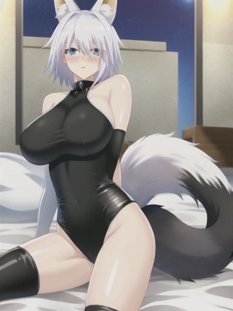 Fox ear, fox tail, white hair, short hair, blue eyes, blush, large breasts, black leotard, black stockings, night, looking at viewer, bedroom,