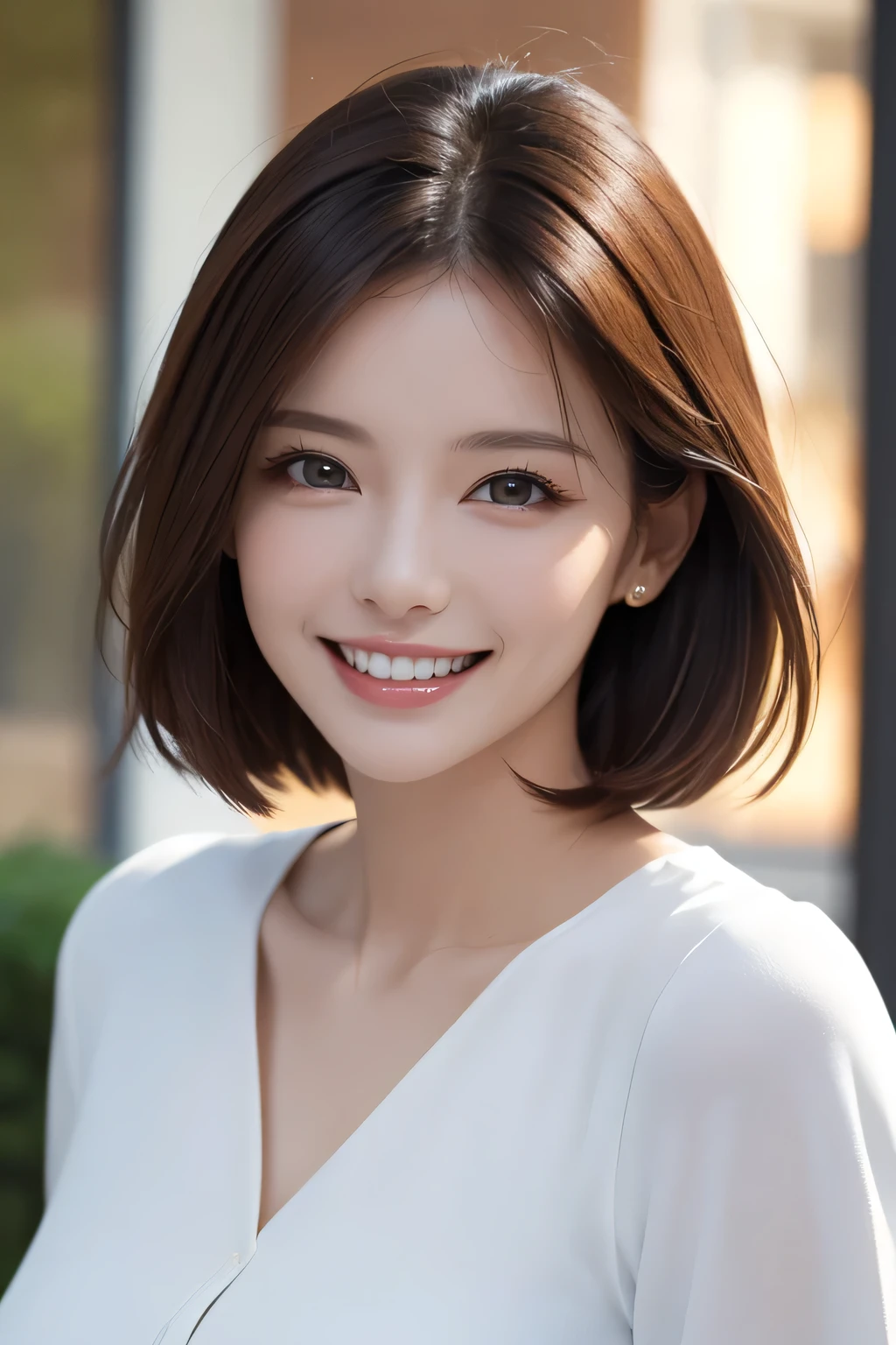 ((masterpiece)), ((Highest quality)), ((Complex)), ((Surreal)), (Realistic), (Mature Woman), ((No classes)), Very detailed, (1 female), Beautiful and exquisite, (Beautiful Teeth), Grin, Brunette bob hair, Brown eyes, ((blouse)), (Upper Body), (background:none), Perfect Eyes, Captivating eyes, Looking at the audience