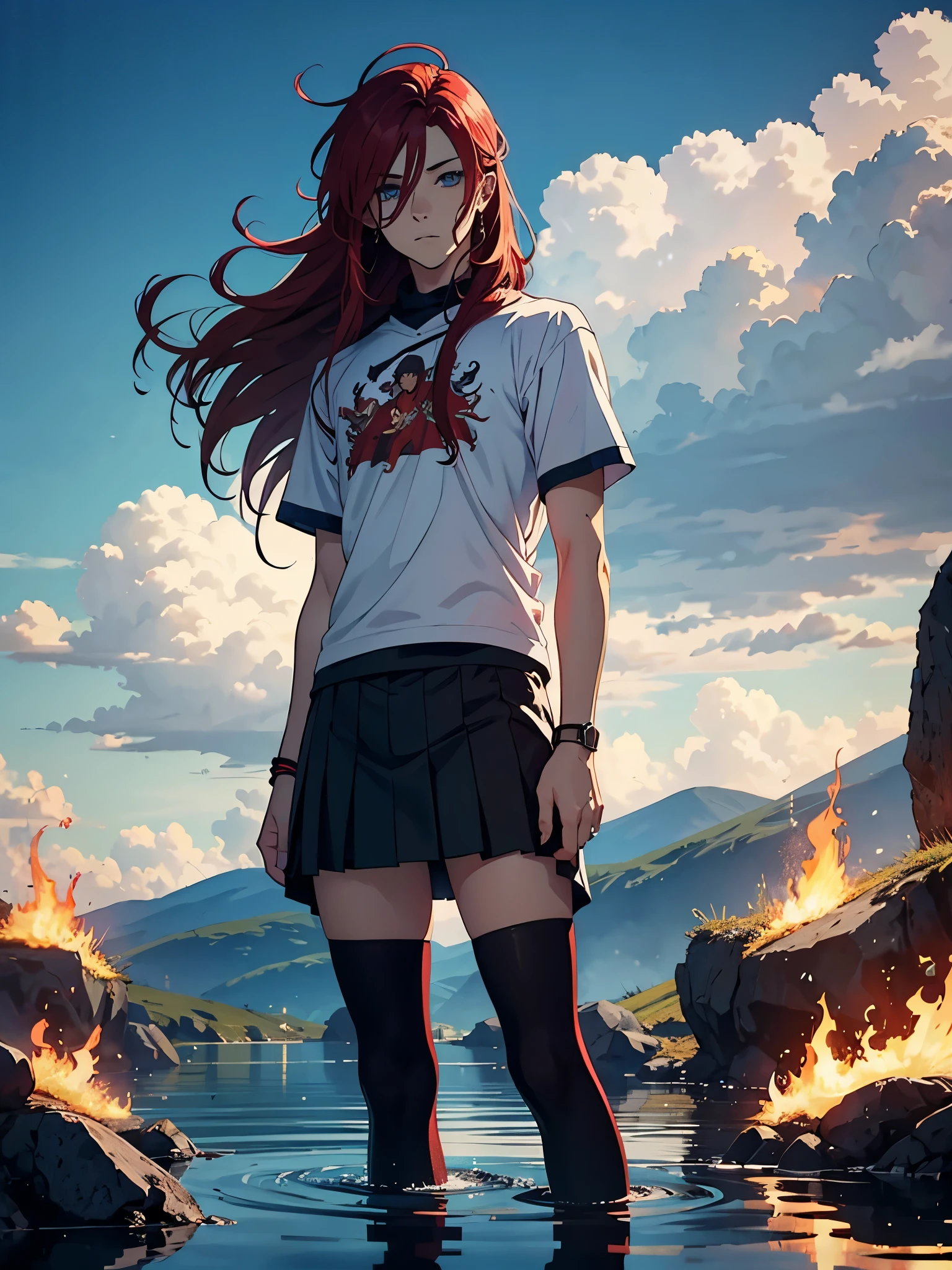 Boy. Short Skirt. More anime style. blue flames. 2d. flatter. anime style. Viking clothing. soft. More anime. Standing in a lake. More anime. More 2d. Clean. More anime. 2d. Glow. Red hair. More anime. male. Long hair. long red hair. boy, vikings. red hair. Blue eyes. fire.