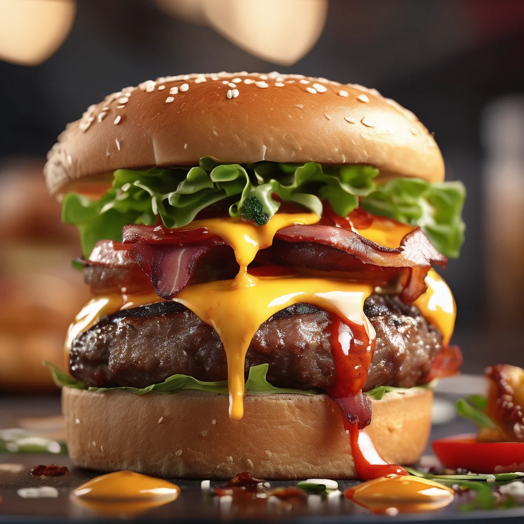 ((Gourmet Burger)), ((Ultra-Realistic Rendering)), ((Juicy pate)), ((Carefully crafted toppings)), ((Sesame bread)), ((Melting cheese)), ((Chris Pletas)), ((Sizzling bacon)), ((Add the sauce)), ((Angled close-up image)), ((Culinary masterpieces)), ((Vibrant colors)), ((Appetizing presentation)), ((Artistic plating)), ((Soft natural light)), ((Bokeh Background)), ((Flavorful atmosphere)), ((Gastronomic Delights)), ((Focus distance 85mm)), ((Sony A7R IV)), ((wide aperture)), ((Definition of 8k)), ((Inspired by food art)), ((Emotionally engaging)), ((Culinary Innovation))