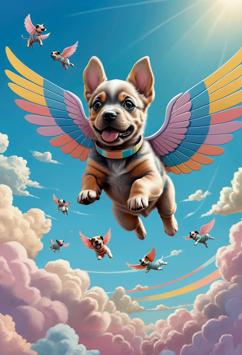 (Flying Puppy), sky, in the style of digital art, pastel colors, comic stripe, collage, experimental, full body, award-winning, cinematic still, emotional, vignette, dynamic, vivid, (masterpiece, best quality, Professional, perfect composition, very aesthetic, absurdres, ultra-detailed, intricate details:1.3)