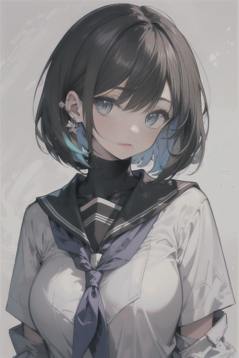 (best quality), (Super detailed), (Best Illustration), (masterpiece), score_9, score_8_up, score_7_up, (4k), (1woman), (white serafuku), (large breasts), {brown hair, (sideburns), (bob cut:1.3), curly hair, hairs between eyes, colored inner hair}, blue eyes, parted lips, expressionless, blush, earring,