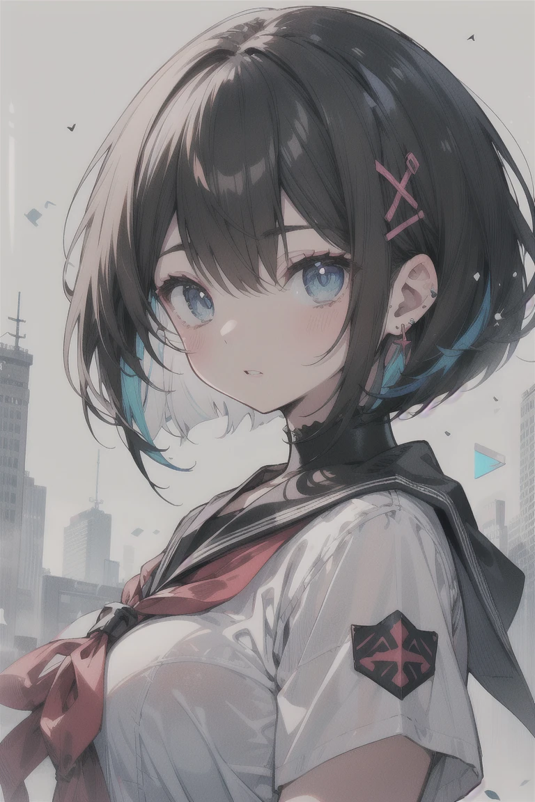 (best quality), (Super detailed), (Best Illustration), (masterpiece), score_9, score_8_up, score_7_up, (4k), (1woman), (white serafuku), (large breasts), {brown hair, (sideburns), (bob cut:1.3), curly hair, hairs between eyes, colored inner hair}, blue eyes, parted lips, expressionless, blush, earring,