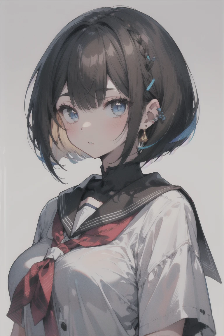 (best quality), (Super detailed), (Best Illustration), (masterpiece), score_9, score_8_up, score_7_up, (4k), (1woman), (white serafuku), (large breasts), {brown hair, (sideburns), (bob cut:1.3), curly hair, hairs between eyes, colored inner hair}, blue eyes, parted lips, expressionless, blush, earring,