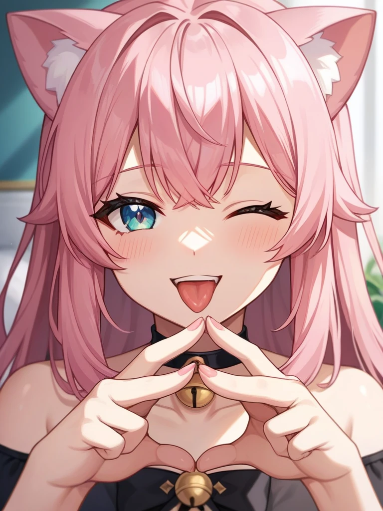 Adult, Female, long pink hair, winking, smiling, tongue out, vtuber, otaku bedroom, Masterpiece, Accurate, Anatomically Correct, Best Quality, High Details, Detail, Super Detailed, Best detail, Perfect detail, Amazing detail, [-3, 3], perfect hands, best hands, best fingers, perfect fingers, perfect body, best body, amazing body, Looking at viewer, front facing, upper body shot, Cat Ears, Close-Up, 