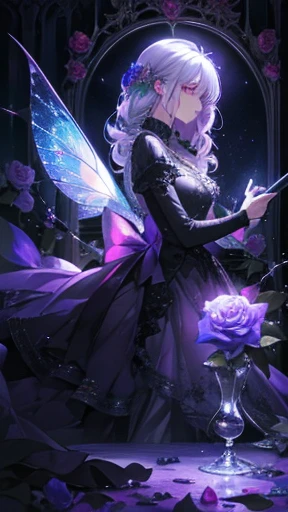 Fairy, purple lamp, haunting, mysterious, psychedelic, dark gray dress with rainbow crystals, bioluminescent path, candles, briar, roses, thorns, pastel scatter light, glass hour
