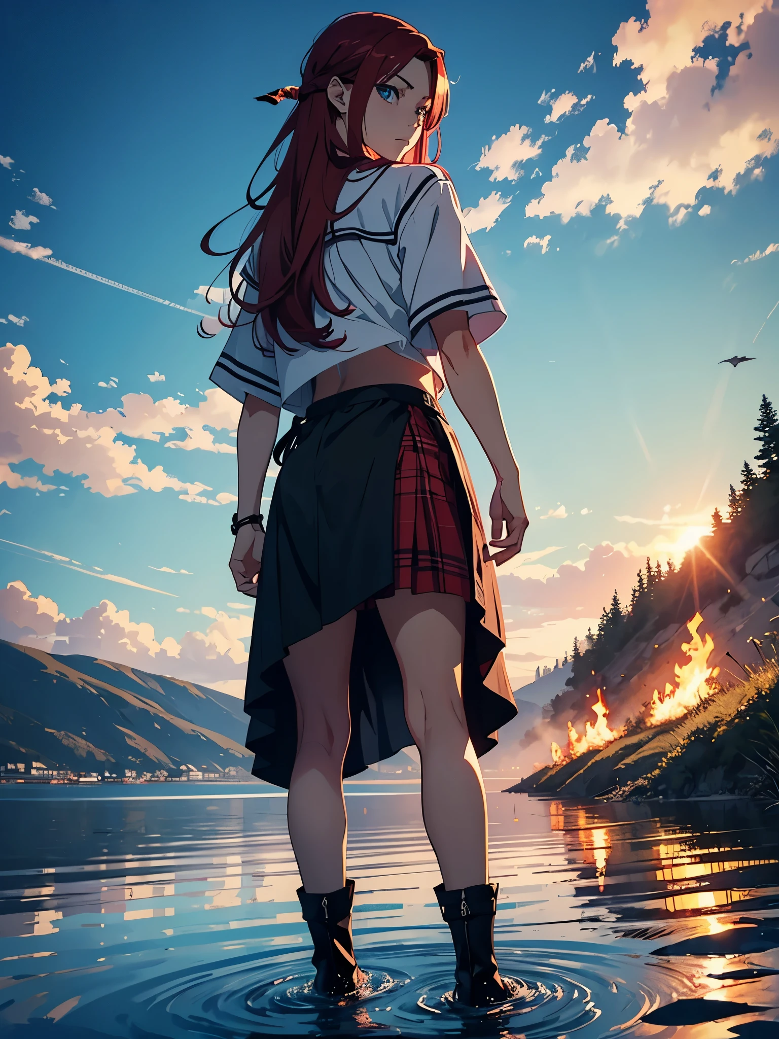 Boy. Shorter skirt. More anime style. blue flames. 2d. flatter. anime style. Viking clothing. soft. More anime. Standing in a lake. More anime. More 2d. Clean. More anime. 2d. Glow. Red hair. More anime. male. Long hair. long red hair. boy, vikings. red hair. Blue eyes. fire. 